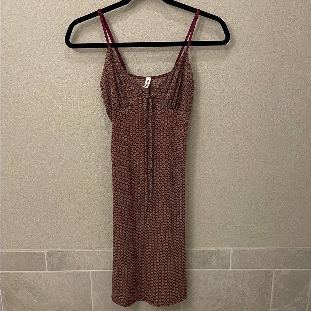 Brown Patterned Slip Dress with Red Straps